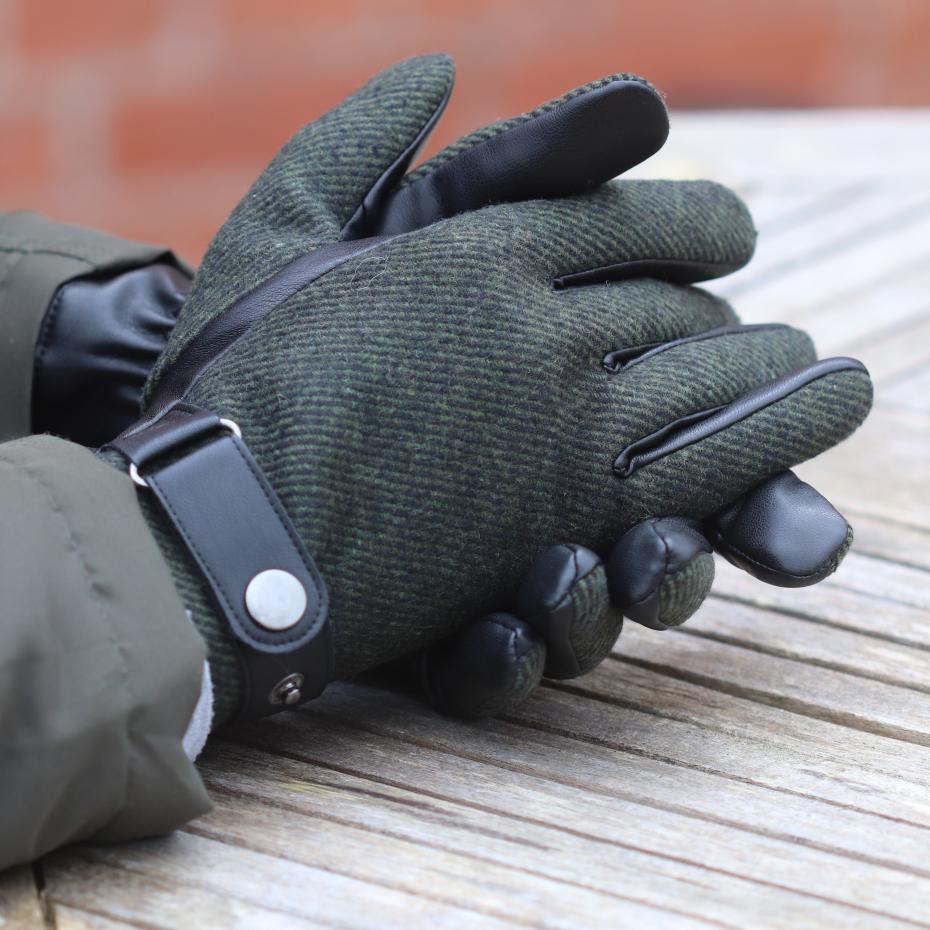 Olive Herringbone Vegan leather men's gloves